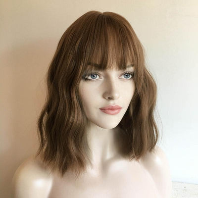 Women Brown Wavy Natural Looking Medium Length Wig With Bangs