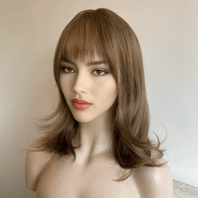 Women Brown Wig With Bangs Shoulder Length Layered Style Swing Tips Soft Wave Ends