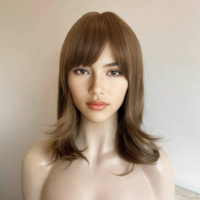 Women Brown Wig With Bangs Shoulder Length Layered Style Swing Tips Soft Wave Ends