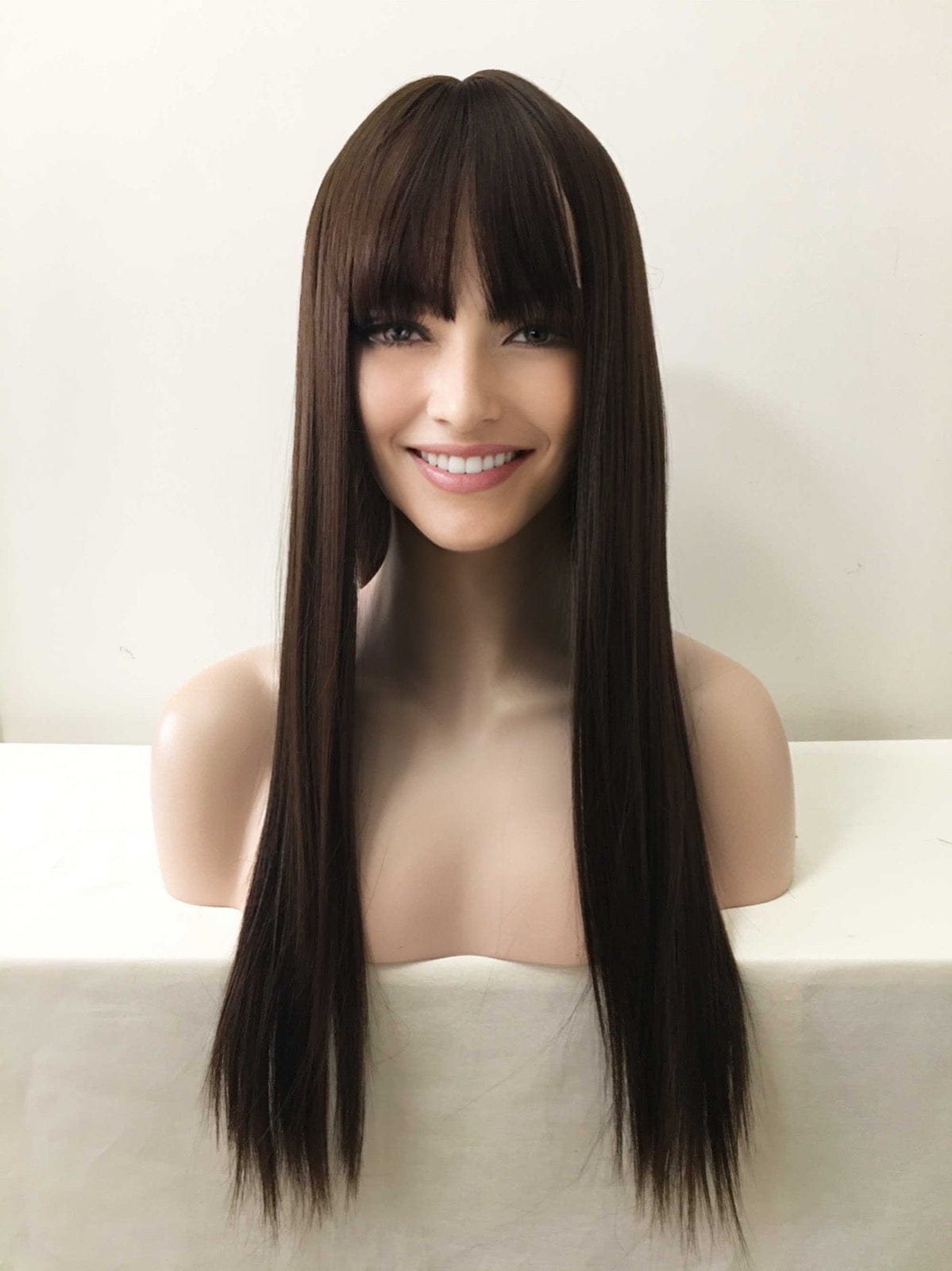 nevermindyrhead Women Chocolate Dark Brown Long Straight Fringe Bangs Wig