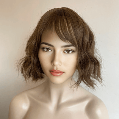 Women Dark Brown Curly Short Bob Wig With Bangs Water Wave Natural Looking