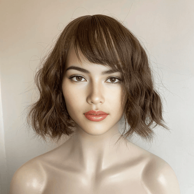 Women Dark Brown Curly Short Bob Wig With Bangs Water Wave Natural Looking