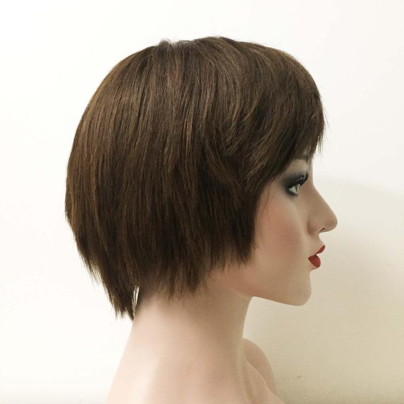 nevermindyrhead Women Dark Brown Human Hair Lace Front Wig Short Straight With Bangs 6 inches