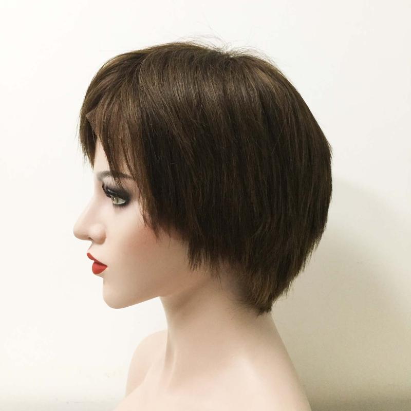 nevermindyrhead Women Dark Brown Human Hair Lace Front Wig Short Straight With Bangs 6 inches