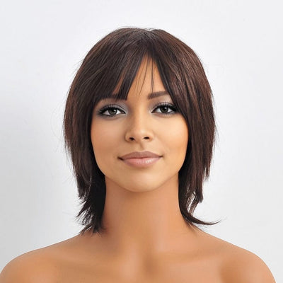 Women Dark Brown Human Hair Wig Short Wig With Bangs Straight Choppy Cutting