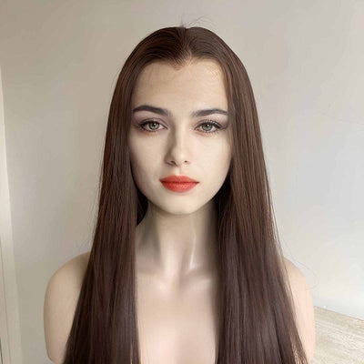 Women Dark Brown Lace Front Wig Long Straight Widows Peak Hairline Slicked Hair