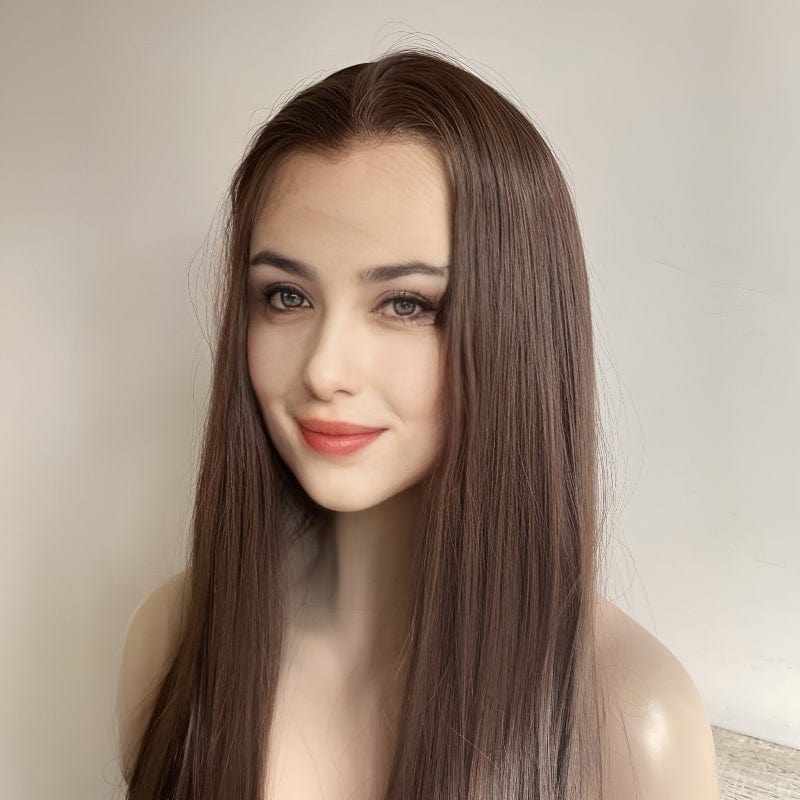 Women Dark Brown Lace Front Wig Long Straight Widows Peak Hairline