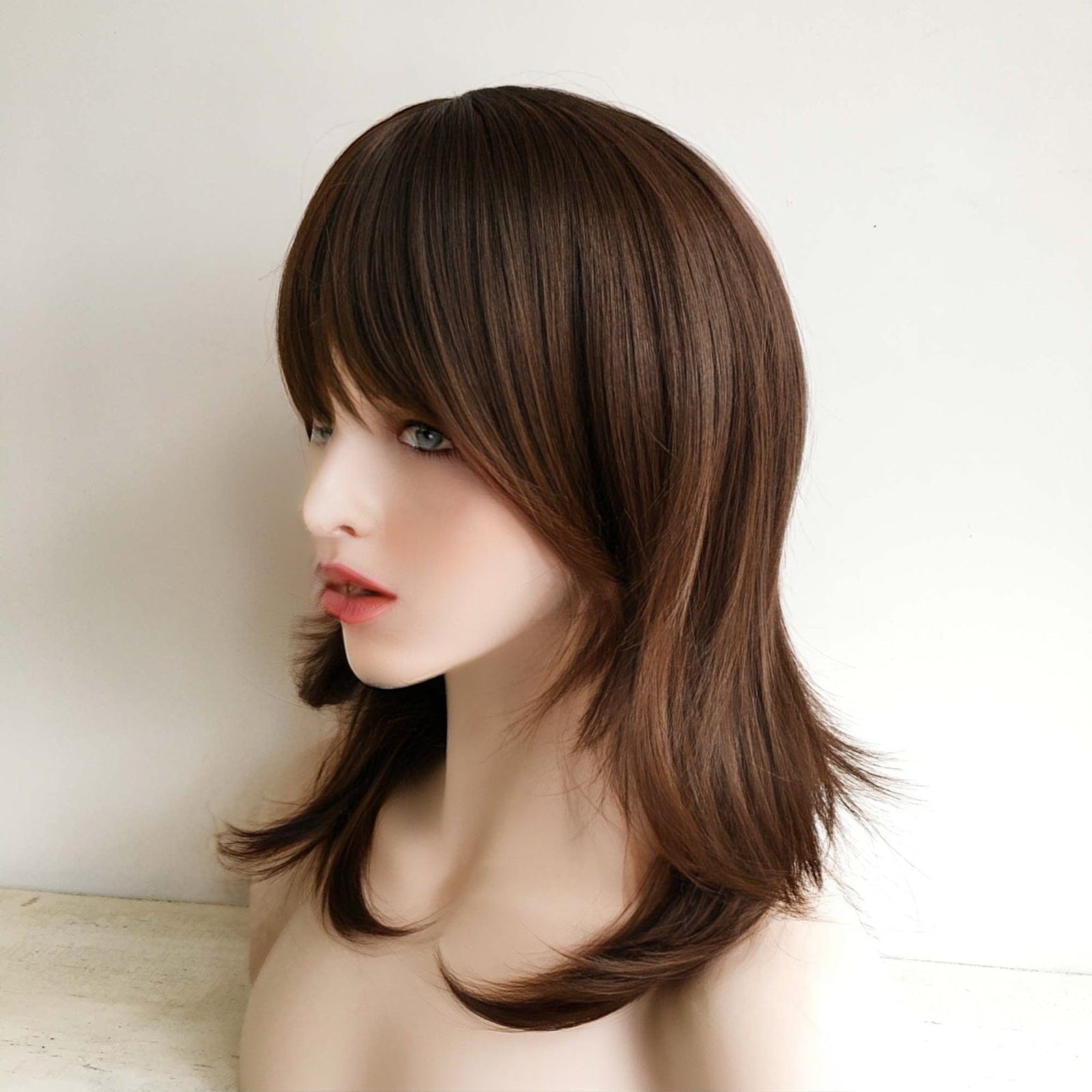 nevermindyrhead Women Dark Brown Medium Length Straight Short Layers Shag Flicked Style Wig