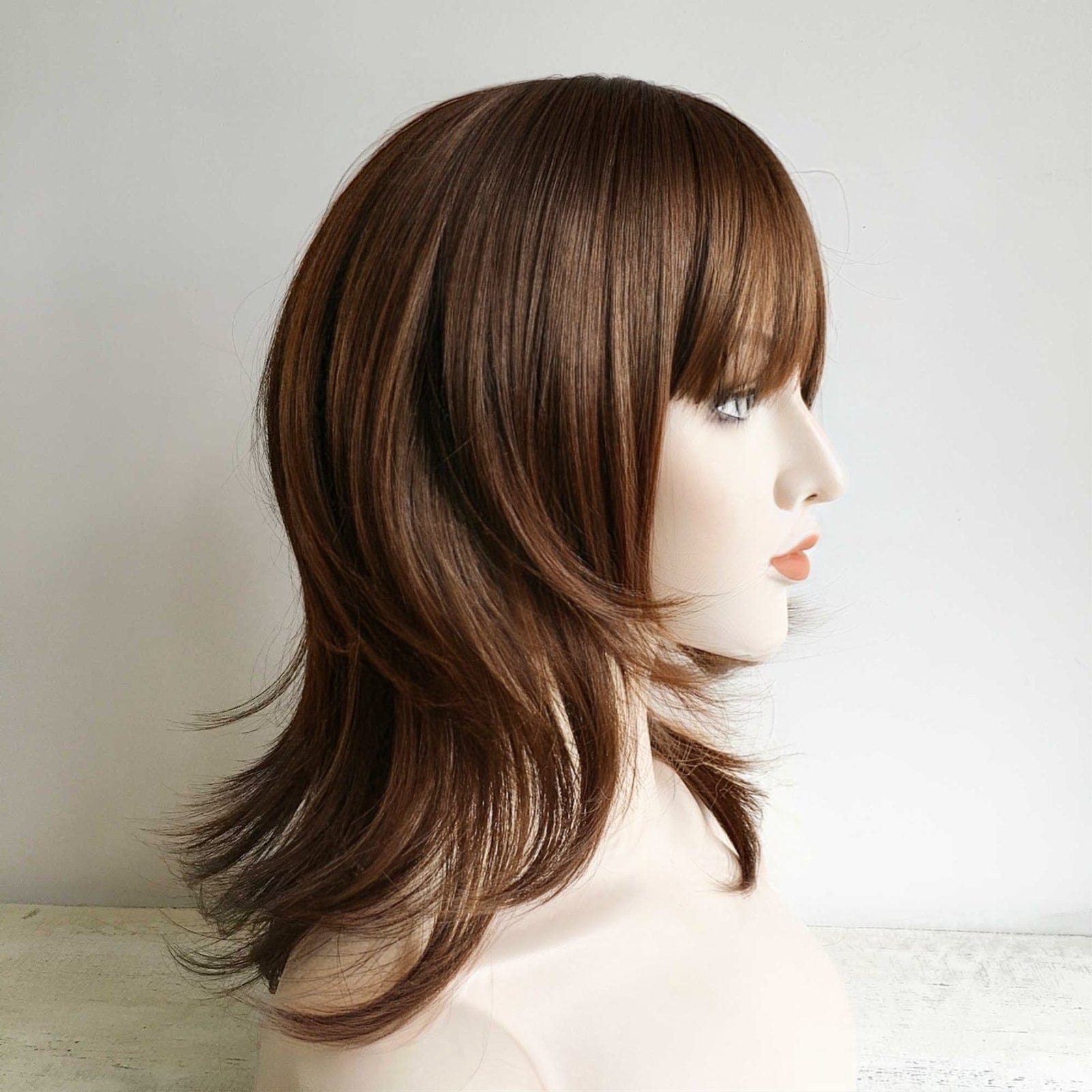 nevermindyrhead Women Dark Brown Medium Length Straight Short Layers Shag Flicked Style Wig