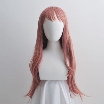 Women Dusty Pink Long Wig Straight Hair Thin Bangs With Top Skin