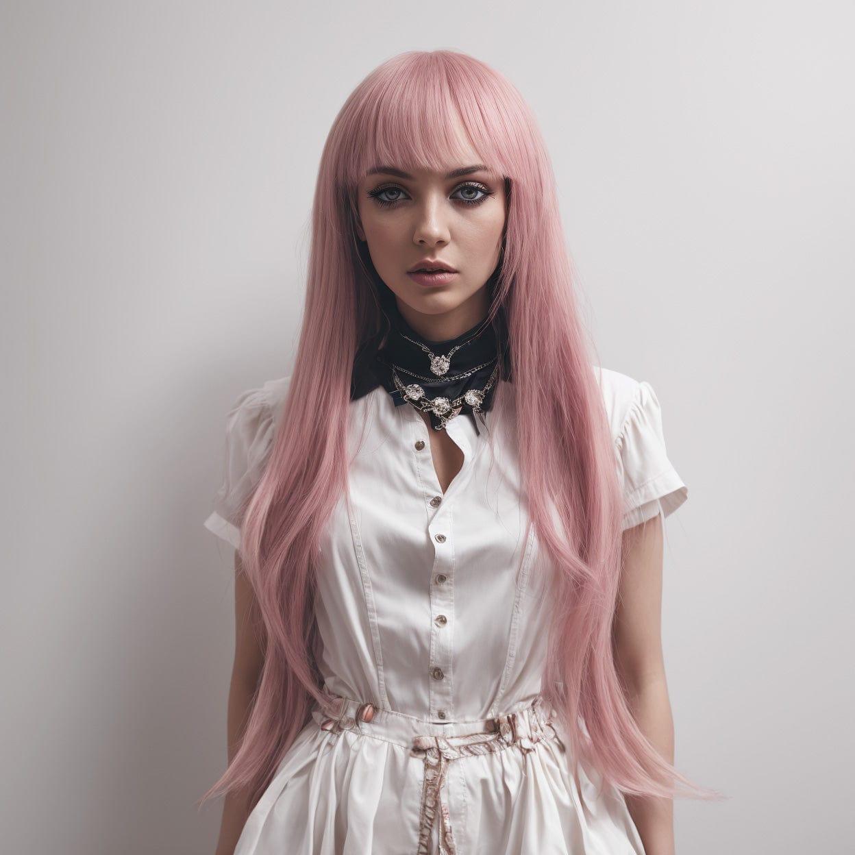 nevermindyrhead Women Dusty Pink Long Wig Straight Hair Thin Bangs With Top Skin