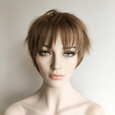Women Honey Brown Short Straight Pixie Boy Cut Fringe Bangs Wig