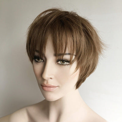 Women Honey Brown Short Straight Pixie Boy Cut Fringe Bangs Wig