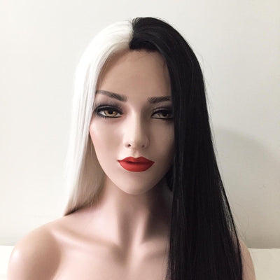 Frauen Lace Front Split Farben Schwarz Weiß Lange Gerade Mittelteil Perücke