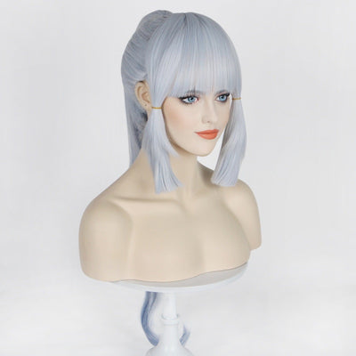 Women Ombre Greyish Blue Long Straight Layers Top Ponytail Japanese Princess Style Cosplay Wig