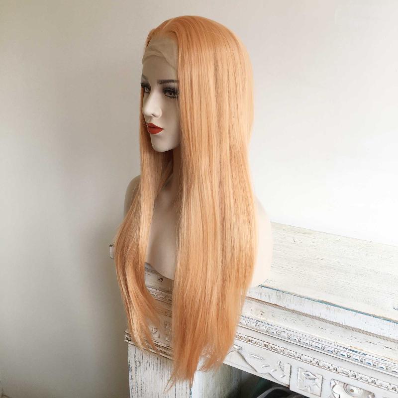 nevermindyrhead Women Peach Orange Lace Front Wig Middle Part Long Straight Hair