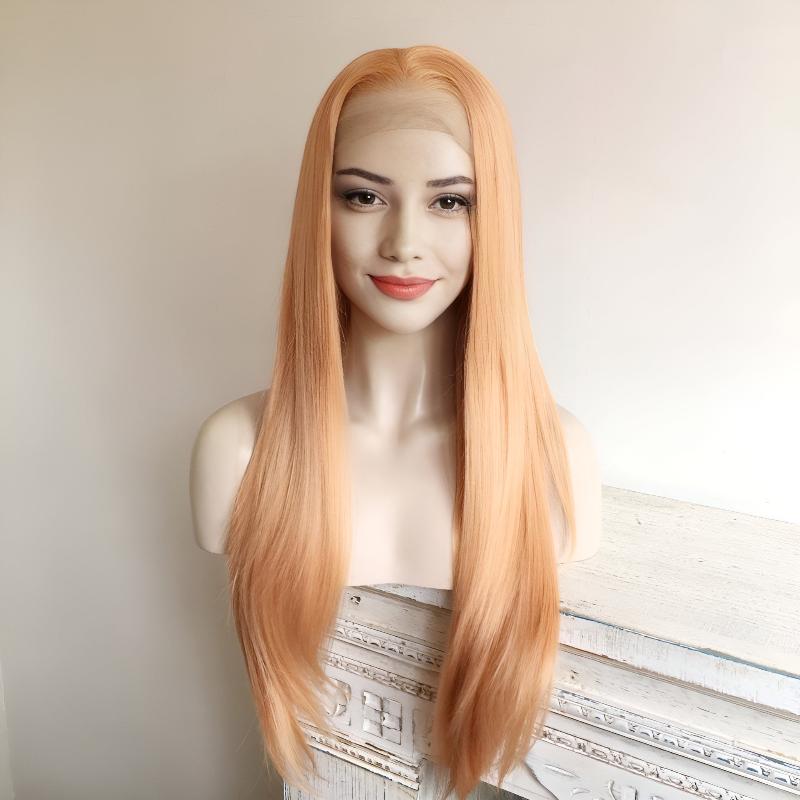 nevermindyrhead Women Peach Orange Lace Front Wig Middle Part Long Straight Hair