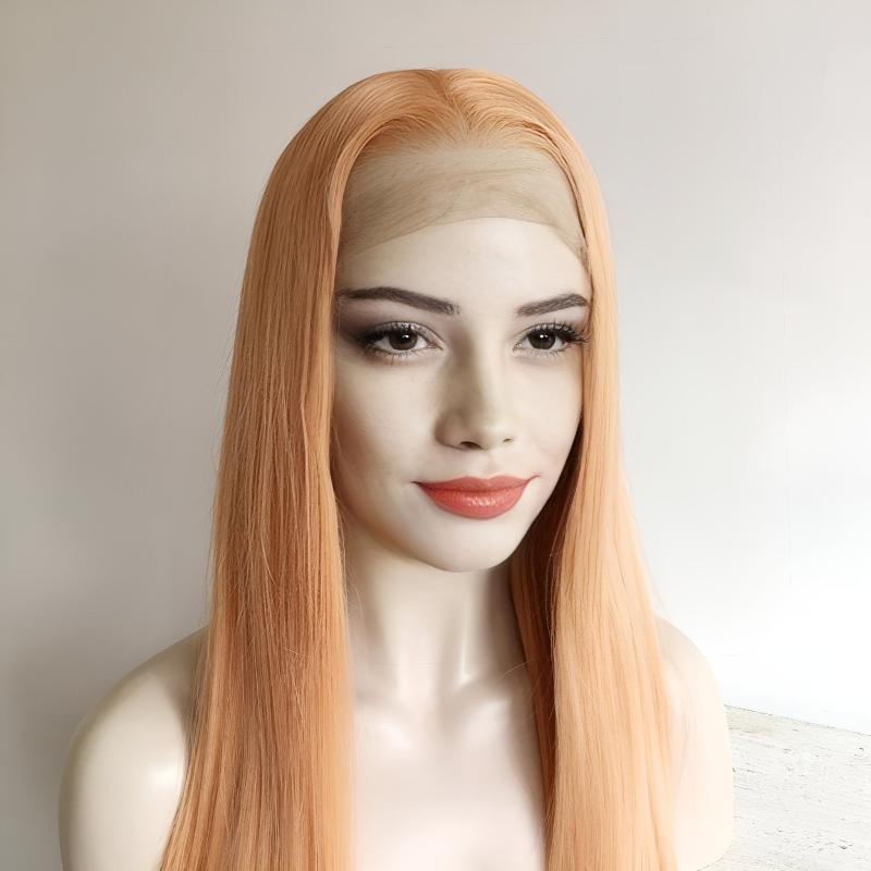 nevermindyrhead Women Peach Orange Lace Front Wig Middle Part Long Straight Hair