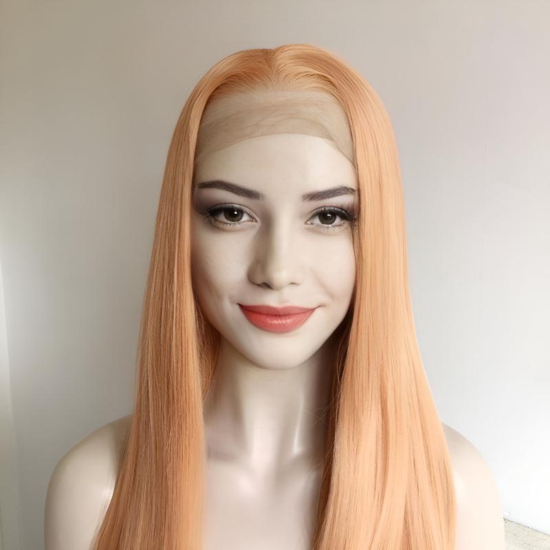 nevermindyrhead Women Peach Orange Lace Front Wig Middle Part Long Straight Hair