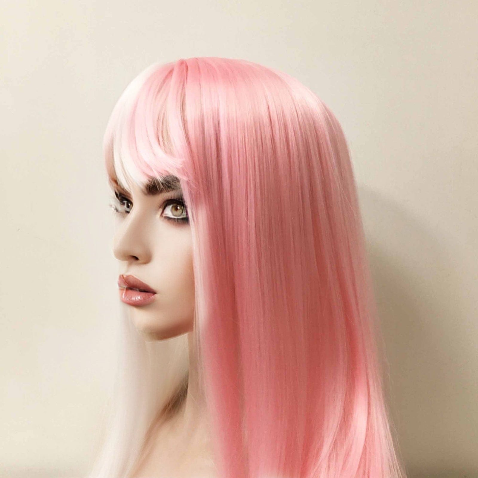 nevermindyrhead Women Pink White Split Colors Long Straight Fringe Bangs Wig