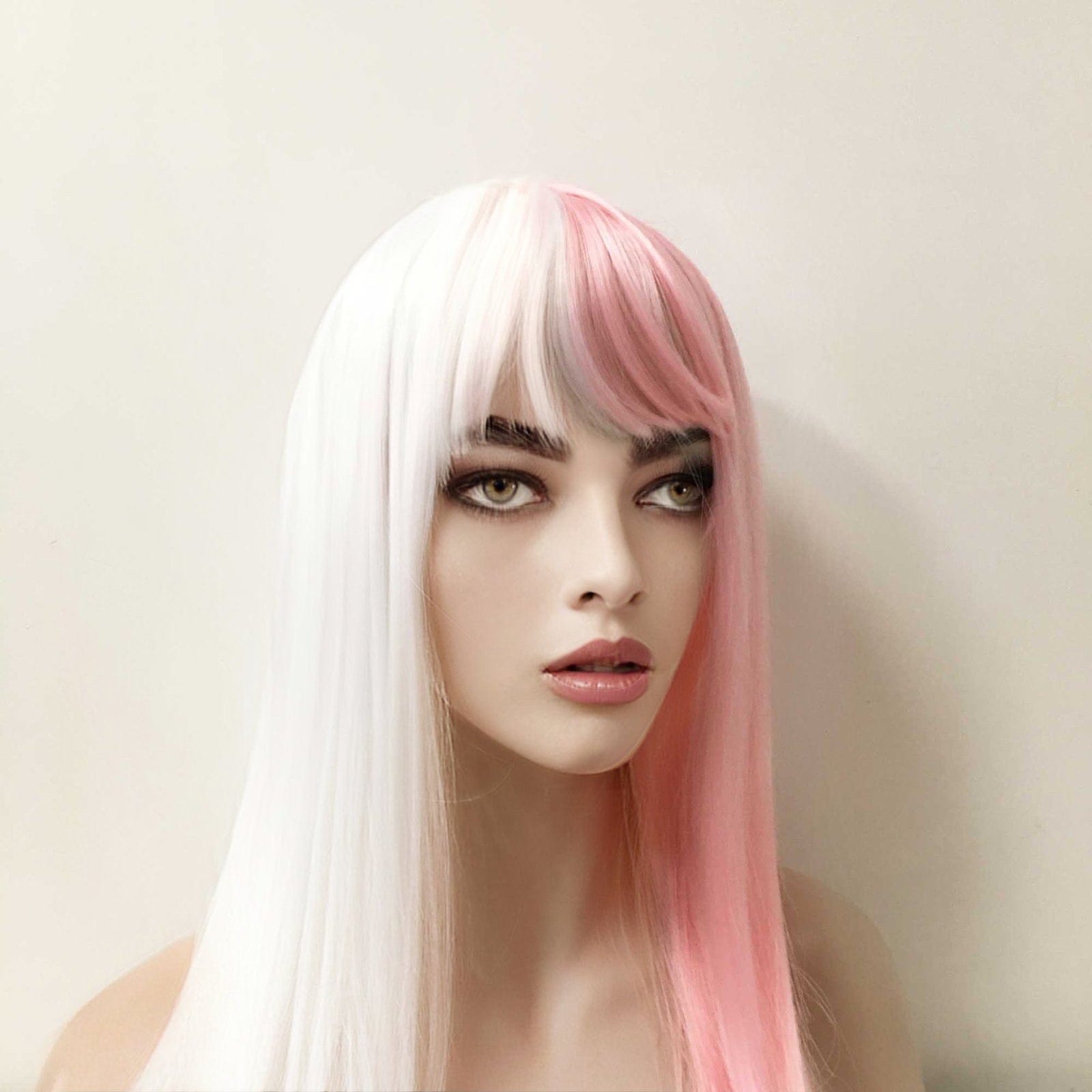 nevermindyrhead Women Pink White Split Colors Long Straight Fringe Bangs Wig