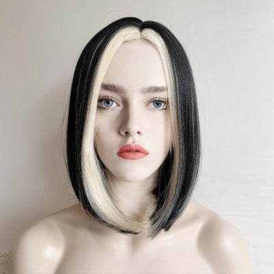 Women Skunk Stripe Wig, Black And 613 Blonde Short Straight Bob Side Part Wig