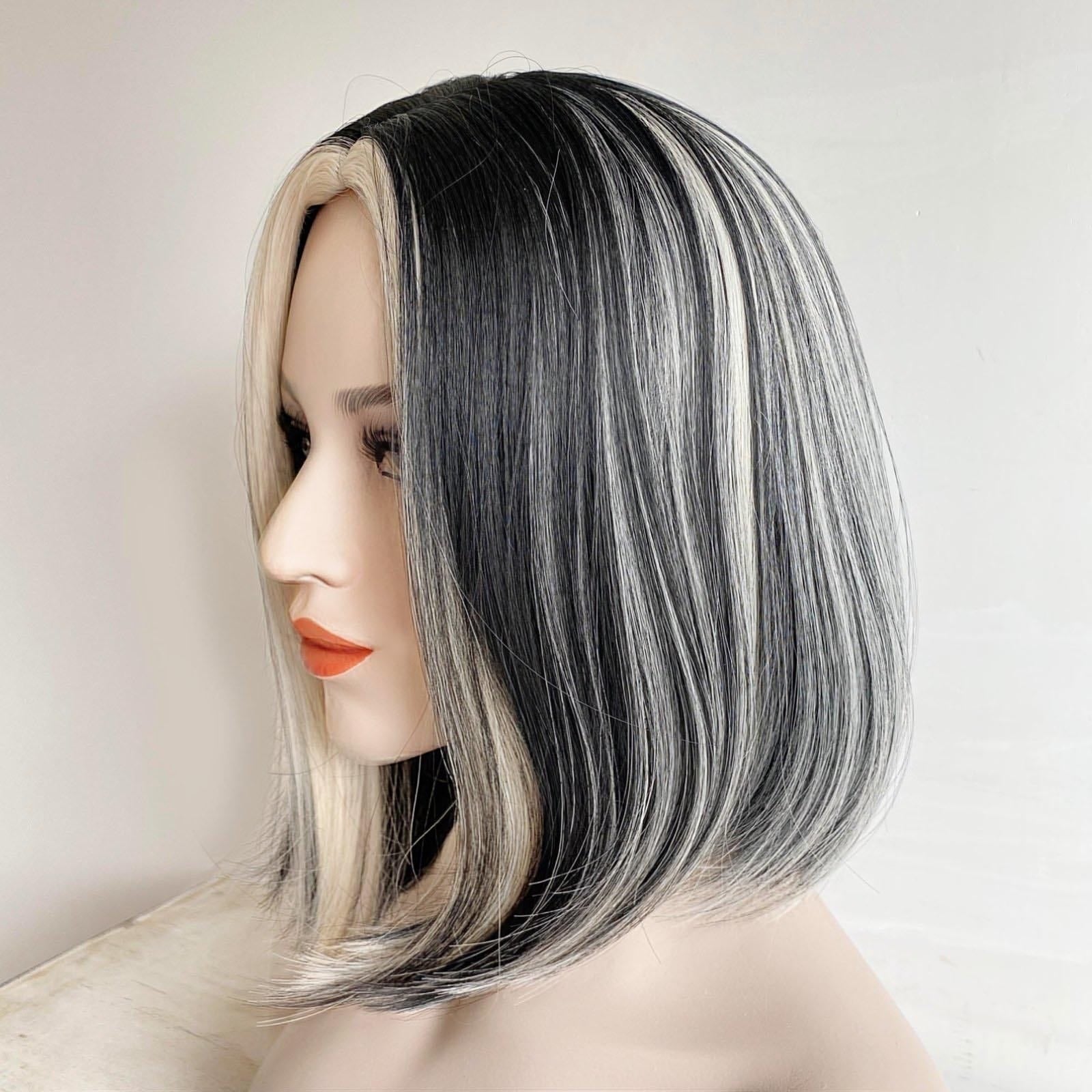 nevermindyrhead Women Skunk Stripe Wig, Black And 613 Blonde Short Straight Bob Side Part Wig