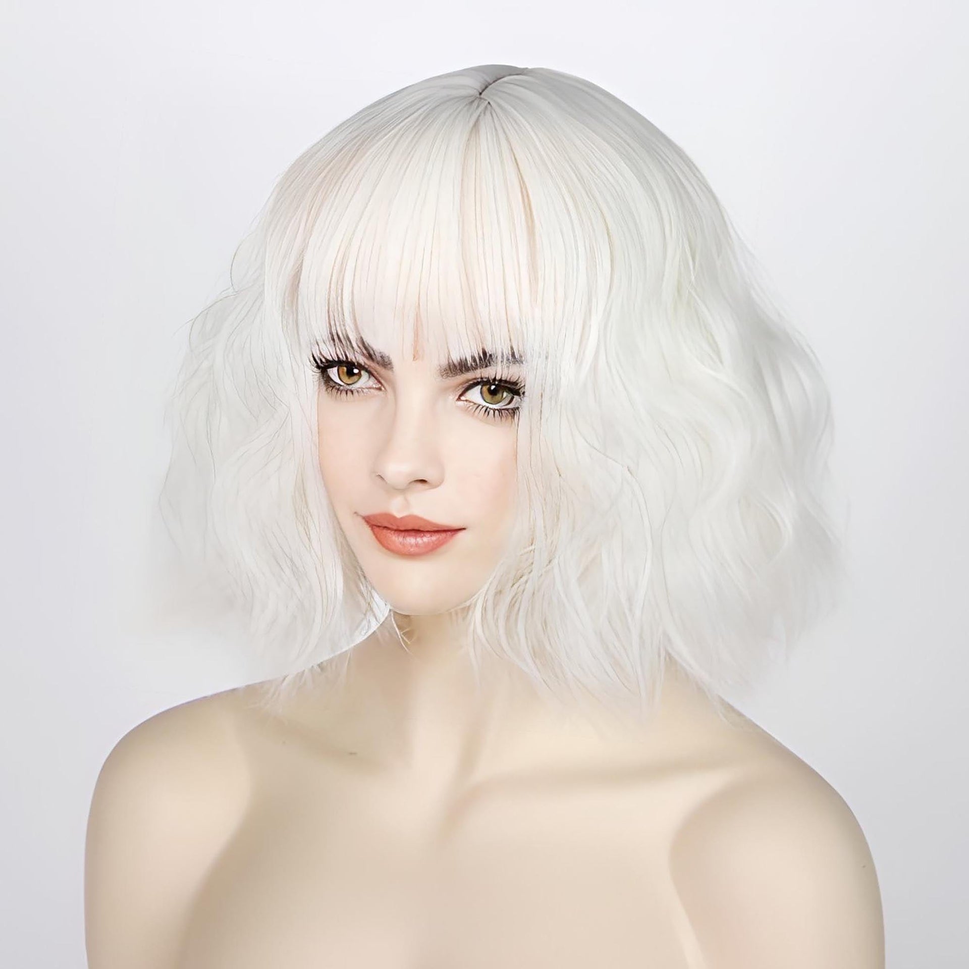 nevermindyrhead Women Snow White Wavy Fluffy Short Bob Fringe Bangs Wig