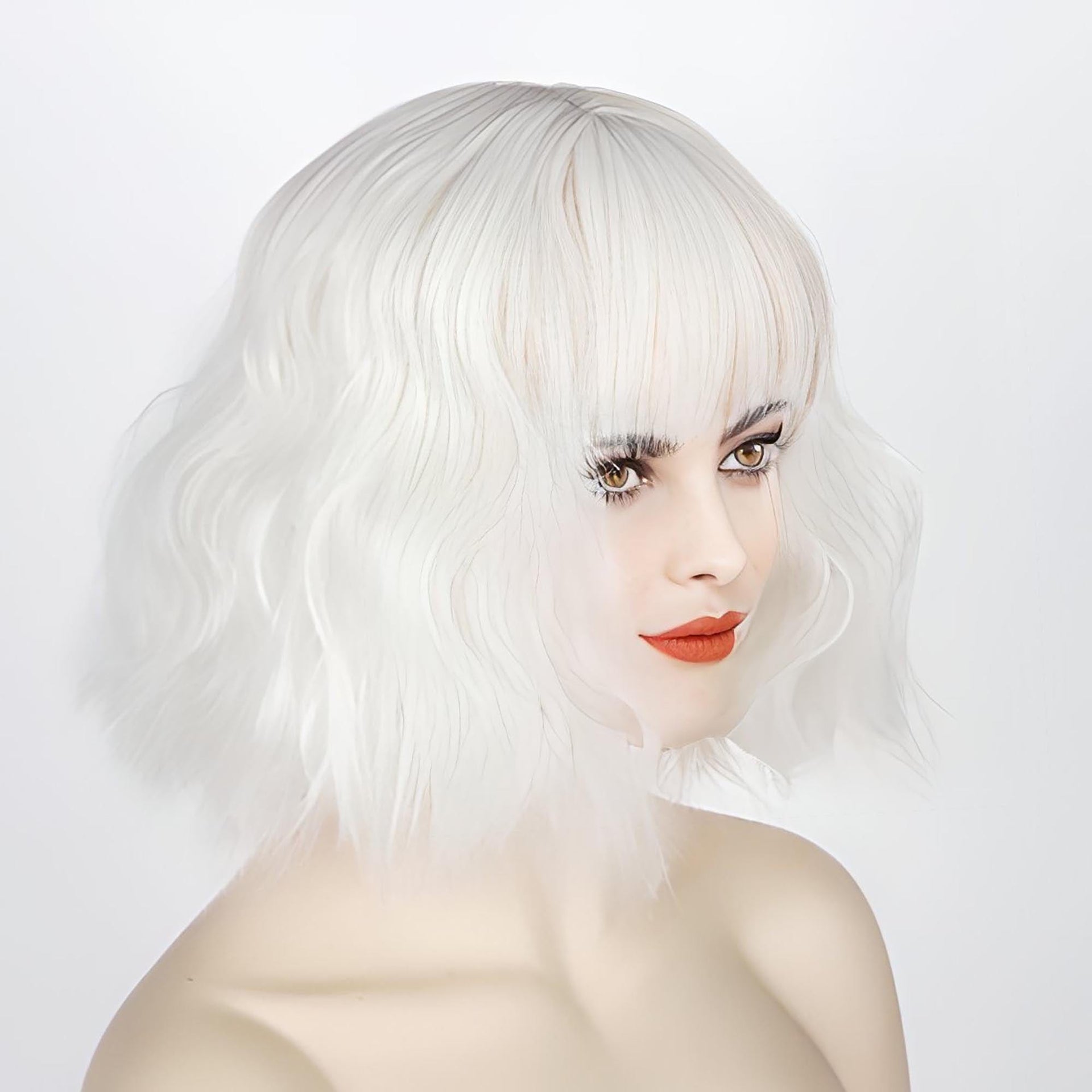 nevermindyrhead Women Snow White Wavy Fluffy Short Bob Fringe Bangs Wig