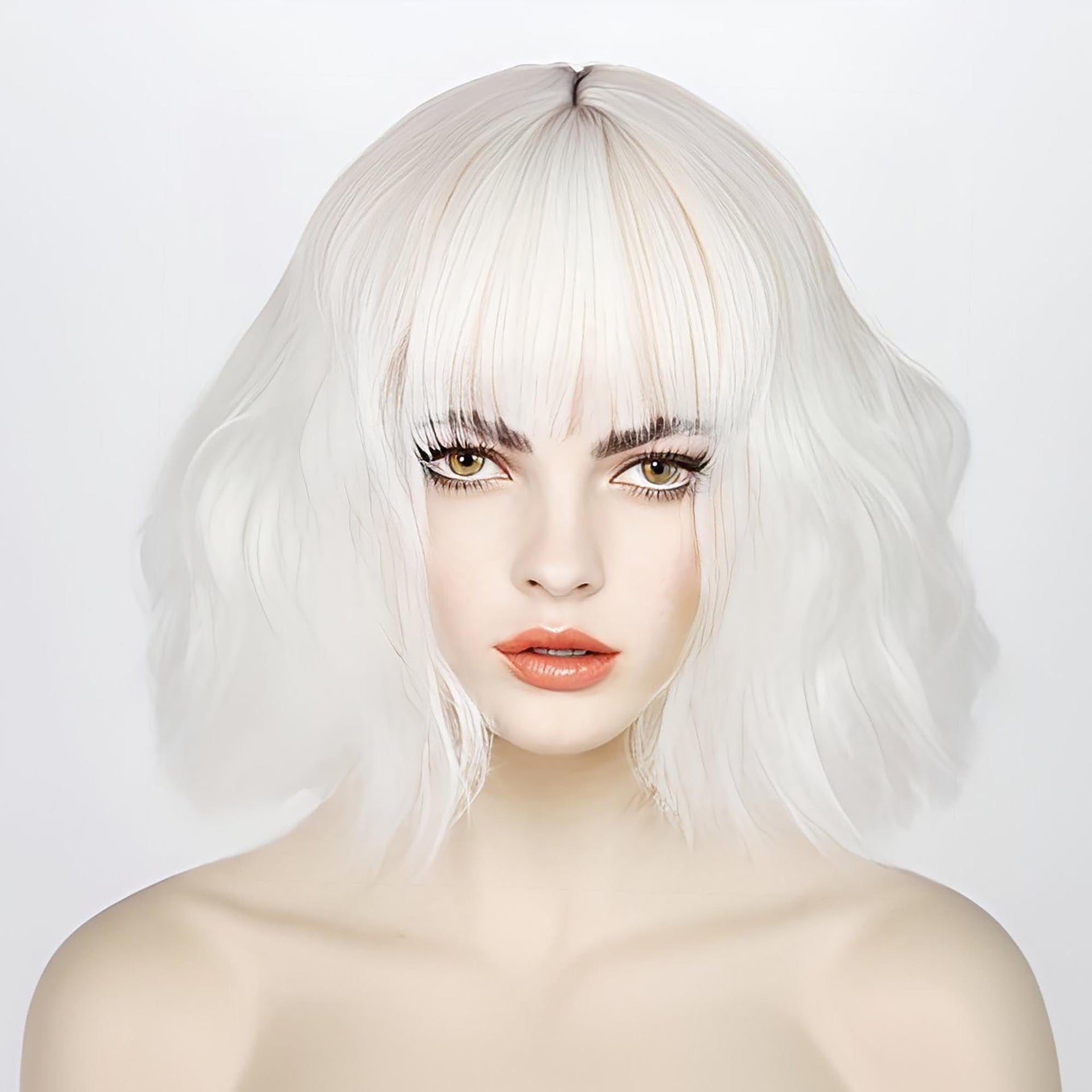nevermindyrhead Women Snow White Wavy Fluffy Short Bob Fringe Bangs Wig
