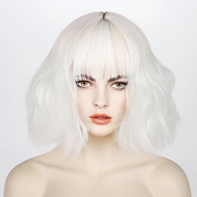 Women Snow White Wavy Fluffy Short Bob Fringe Bangs Wig