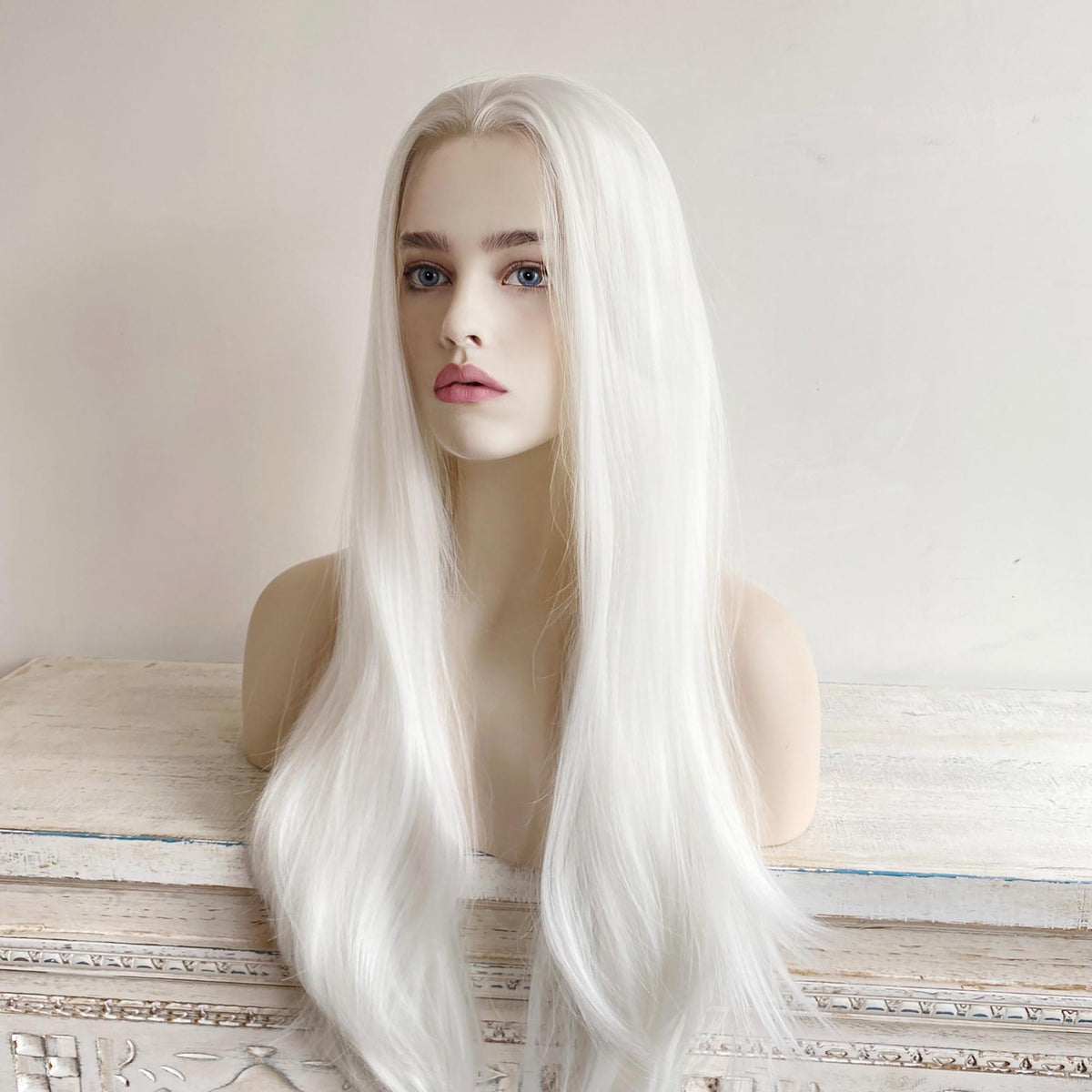 Women White Lace Front Long Straight Widow Peak Hairline Wig