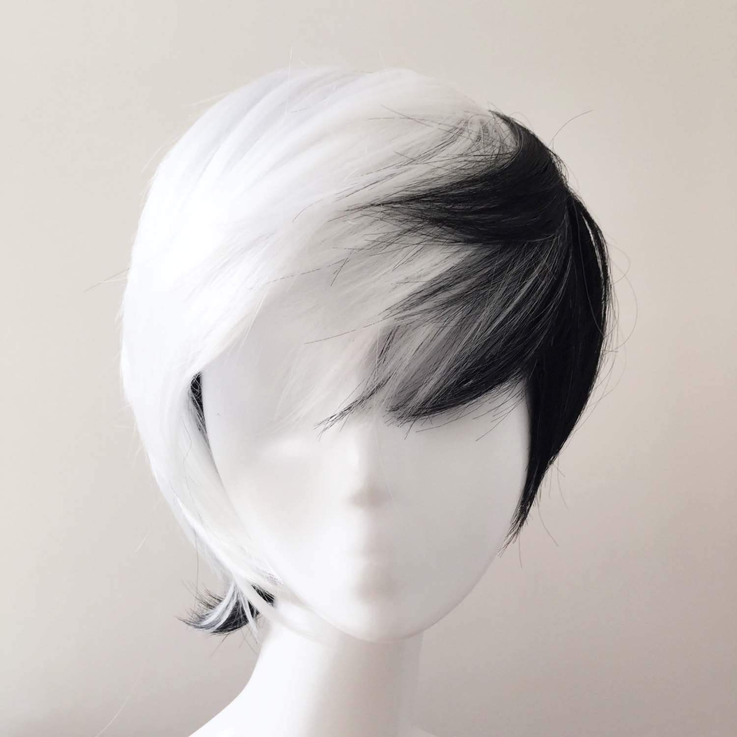 nevermindyrhead Men Black White Split Colors Short Straight Fringe Bangs Cosplay Wig