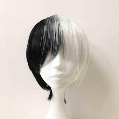 Men Black White Split Colors Short Straight Fringe Bangs Cosplay Wig