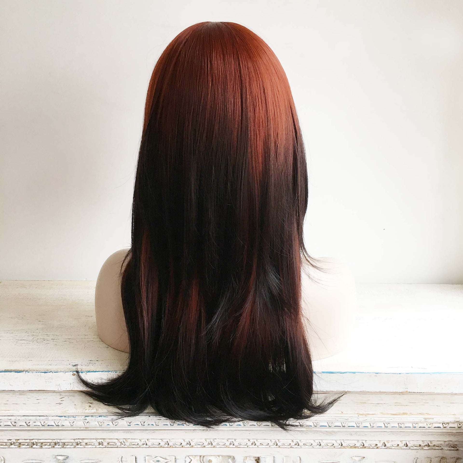 nevermindyrhead Red Wig Ombre Auburn And Black Long Straight Synthetic Women Bangs Wig