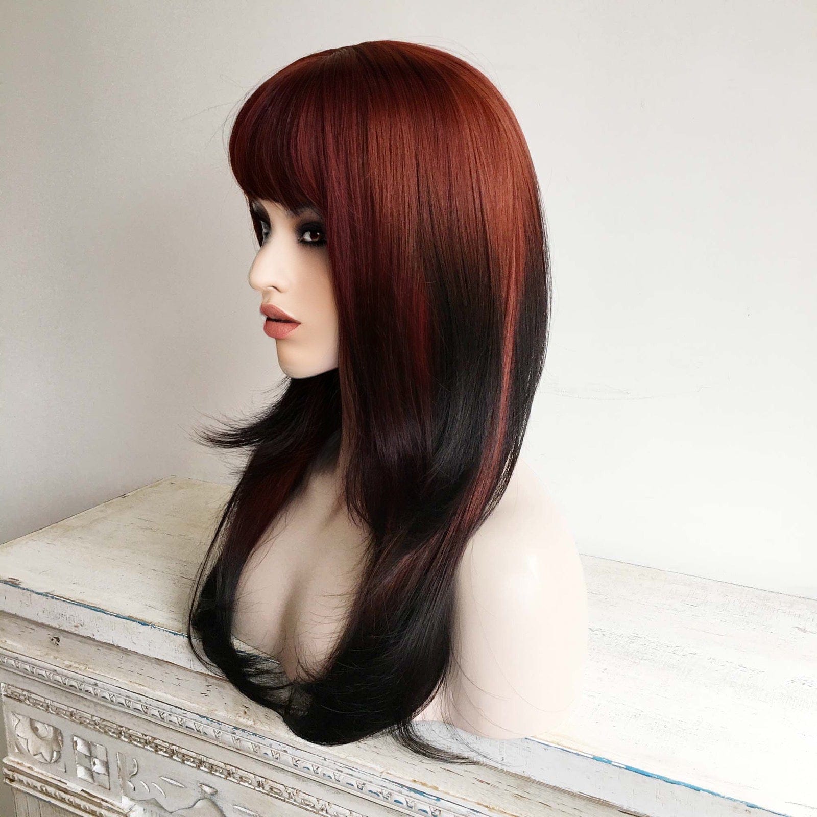 nevermindyrhead Red Wig Ombre Auburn And Black Long Straight Synthetic Women Bangs Wig