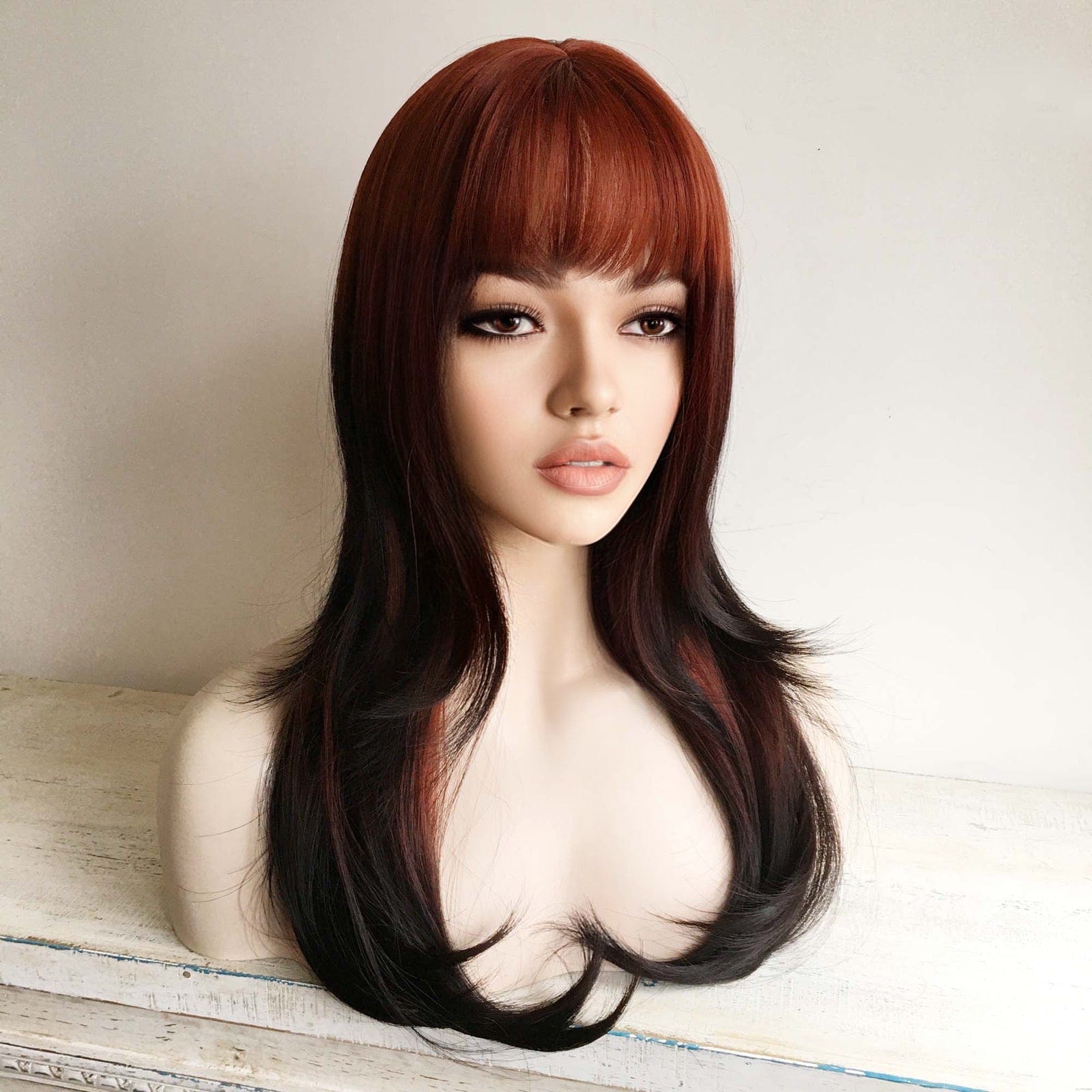 nevermindyrhead Red Wig Ombre Auburn And Black Long Straight Synthetic Women Bangs Wig