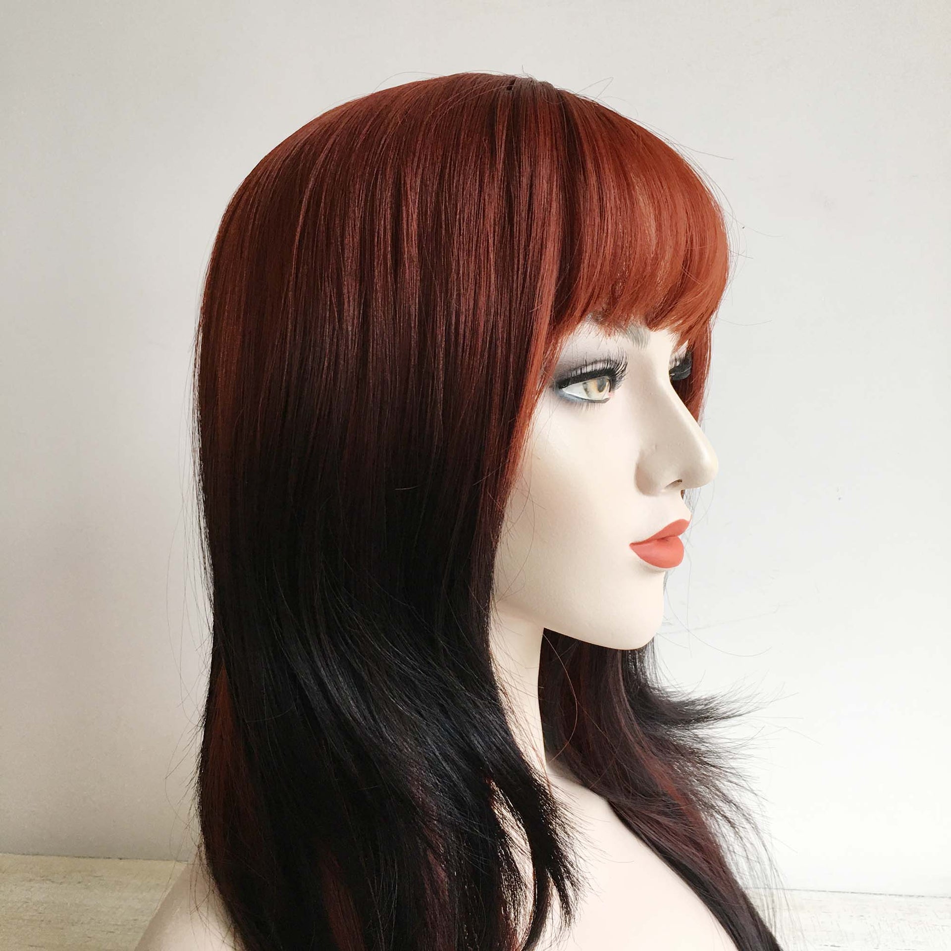 nevermindyrhead Red Wig Ombre Auburn And Black Long Straight Synthetic Women Bangs Wig