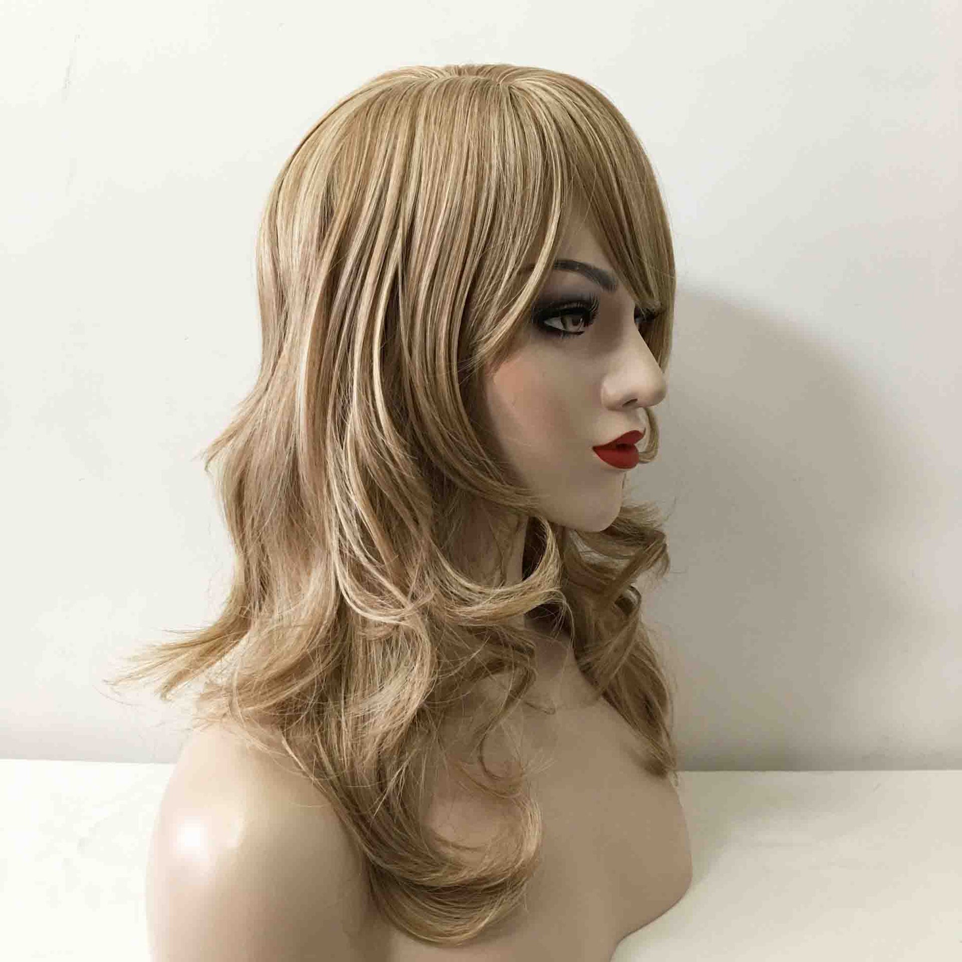 nevermindyrhead Women Ash Blonde Long Curly Side Part Fringe Bangs Layered Wig