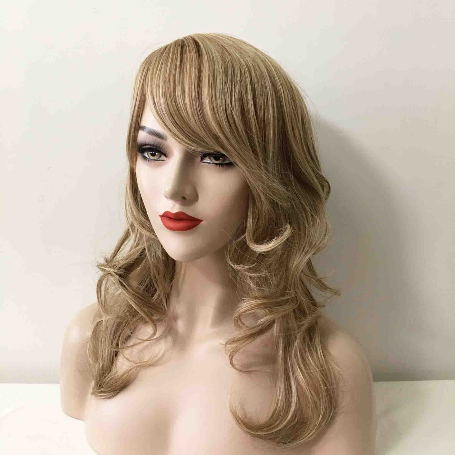nevermindyrhead Women Ash Blonde Long Curly Side Part Fringe Bangs Layered Wig