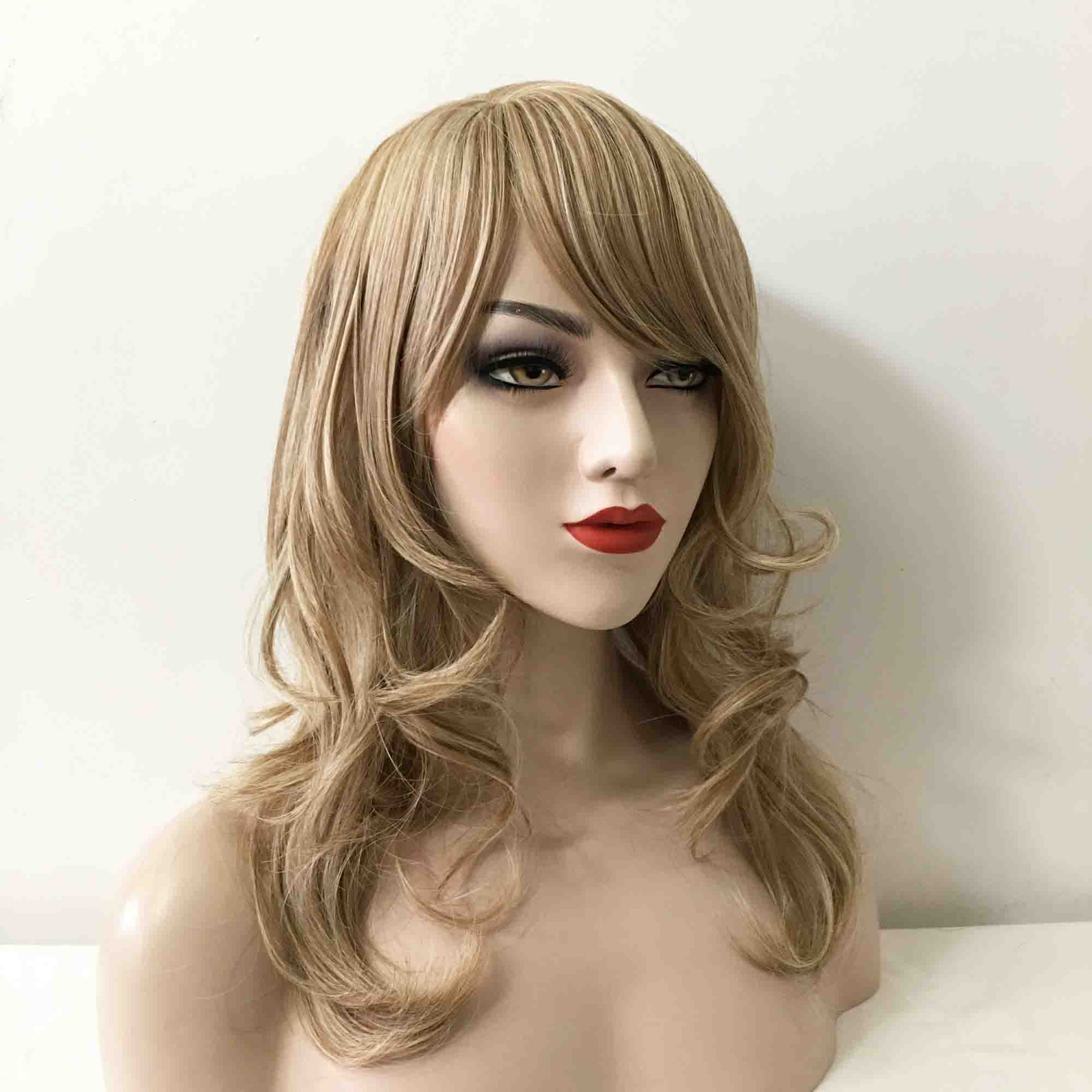 nevermindyrhead Women Ash Blonde Long Curly Side Part Fringe Bangs Layered Wig