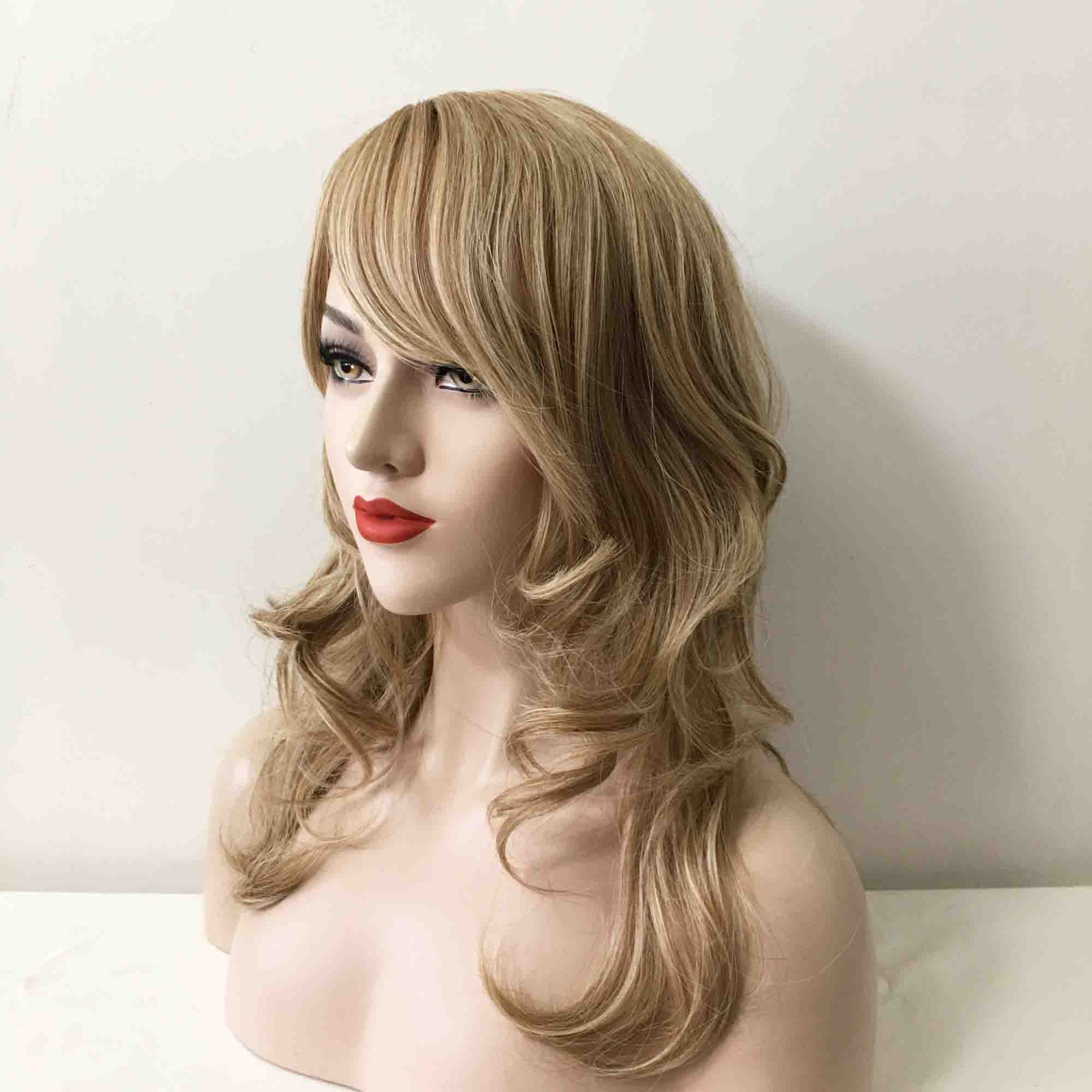 nevermindyrhead Women Ash Blonde Long Curly Side Part Fringe Bangs Layered Wig