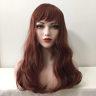 Women Auburn Dark Red Long Wavy Fringe Bangs Wig