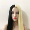 Women Black Blonde Split Colors Long Straight Middle Part Wig