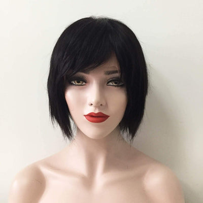 Women Black Human Hair 13X6 Short Straight Fringe Bangs Wig