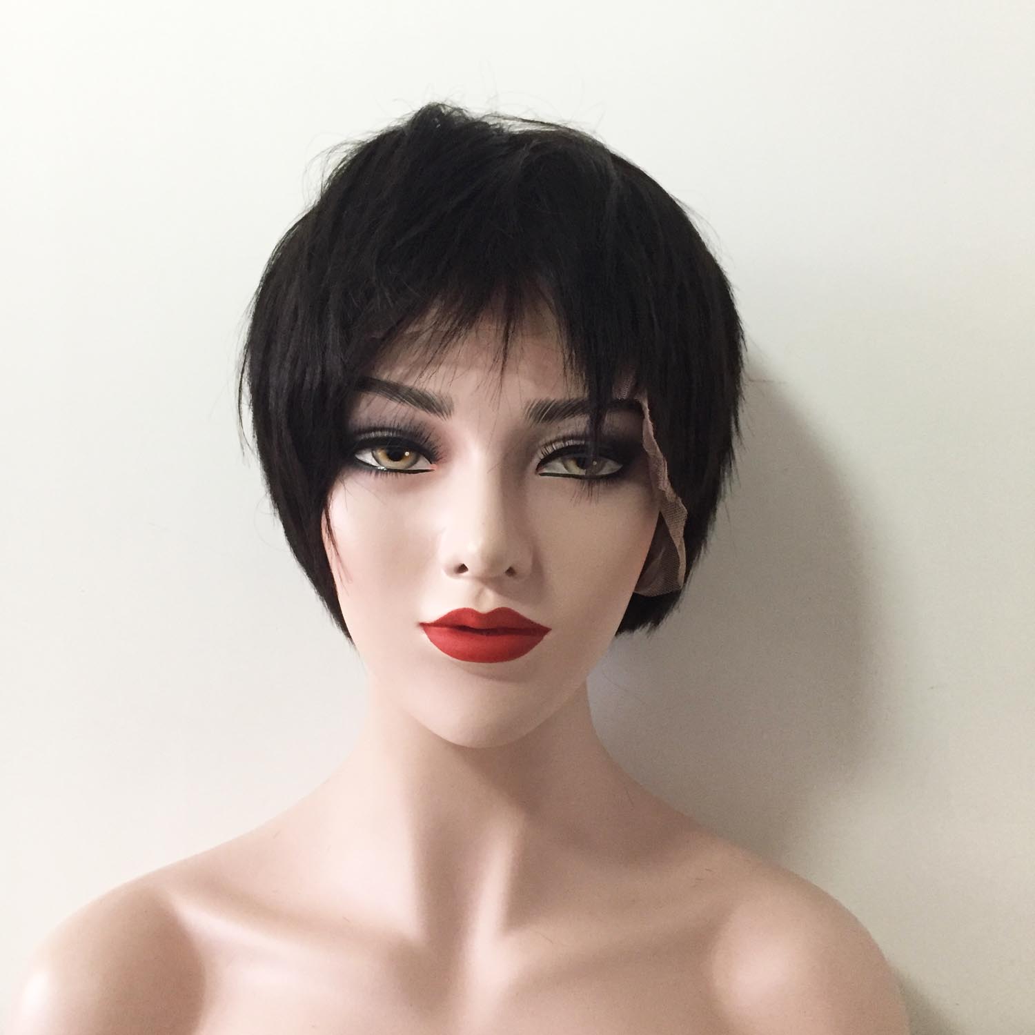 nevermindyrhead Women Black Human Hair Full Lace Short Straight Fringe Bangs Wig