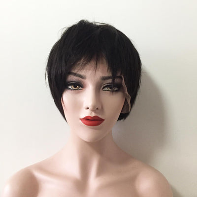 Women Black Human Hair 13X6 Lace Front Short Straight Fringe Bangs Wig