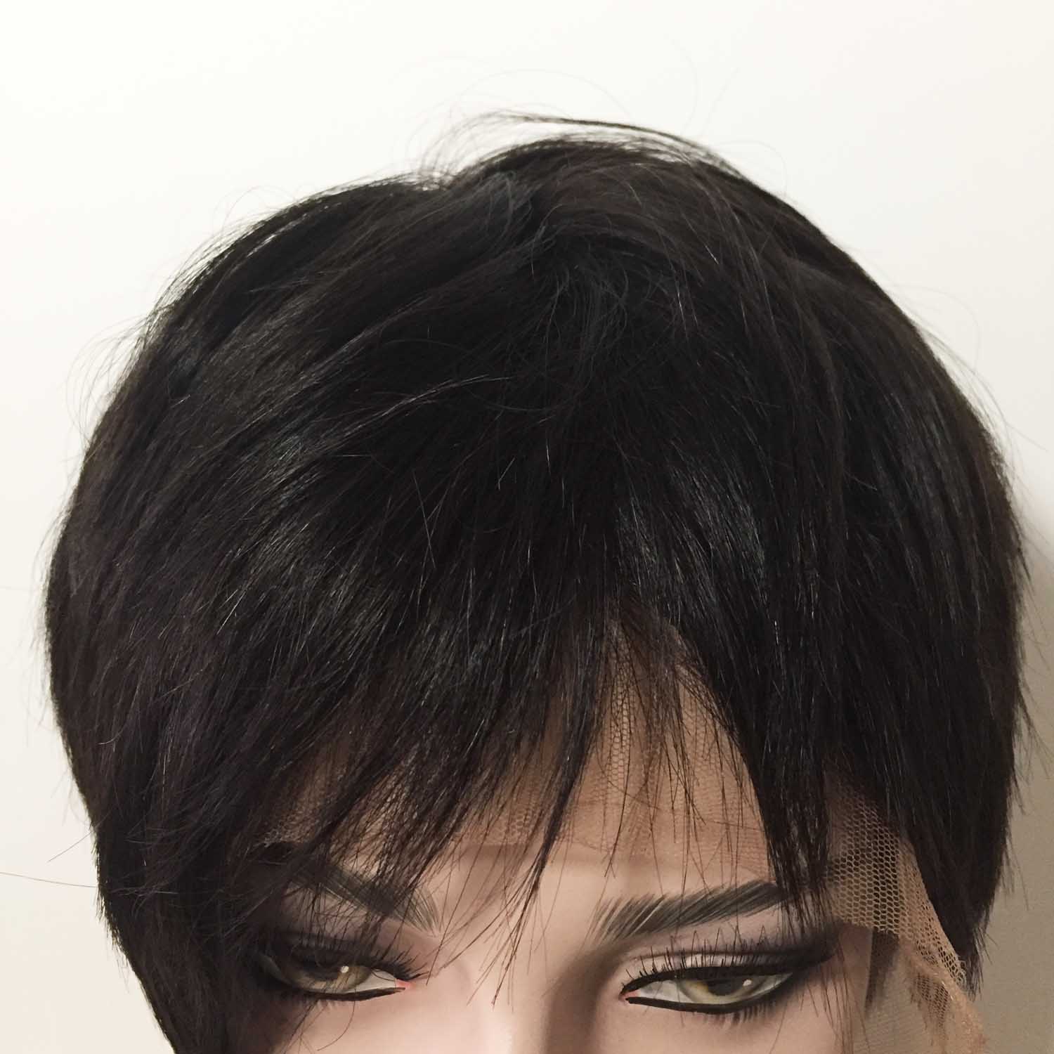 nevermindyrhead Women Black Human Hair Full Lace Short Straight Fringe Bangs Wig