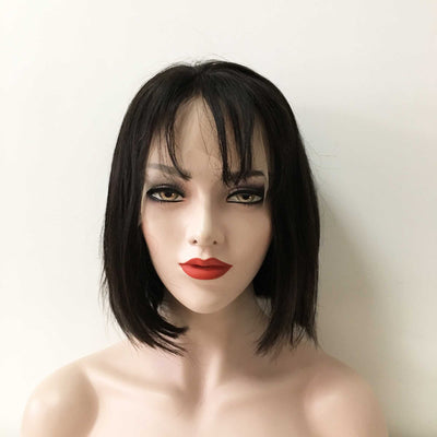 Women Black Human Hair 13X6 Lace Front Short Straight Thin Bangs Wig