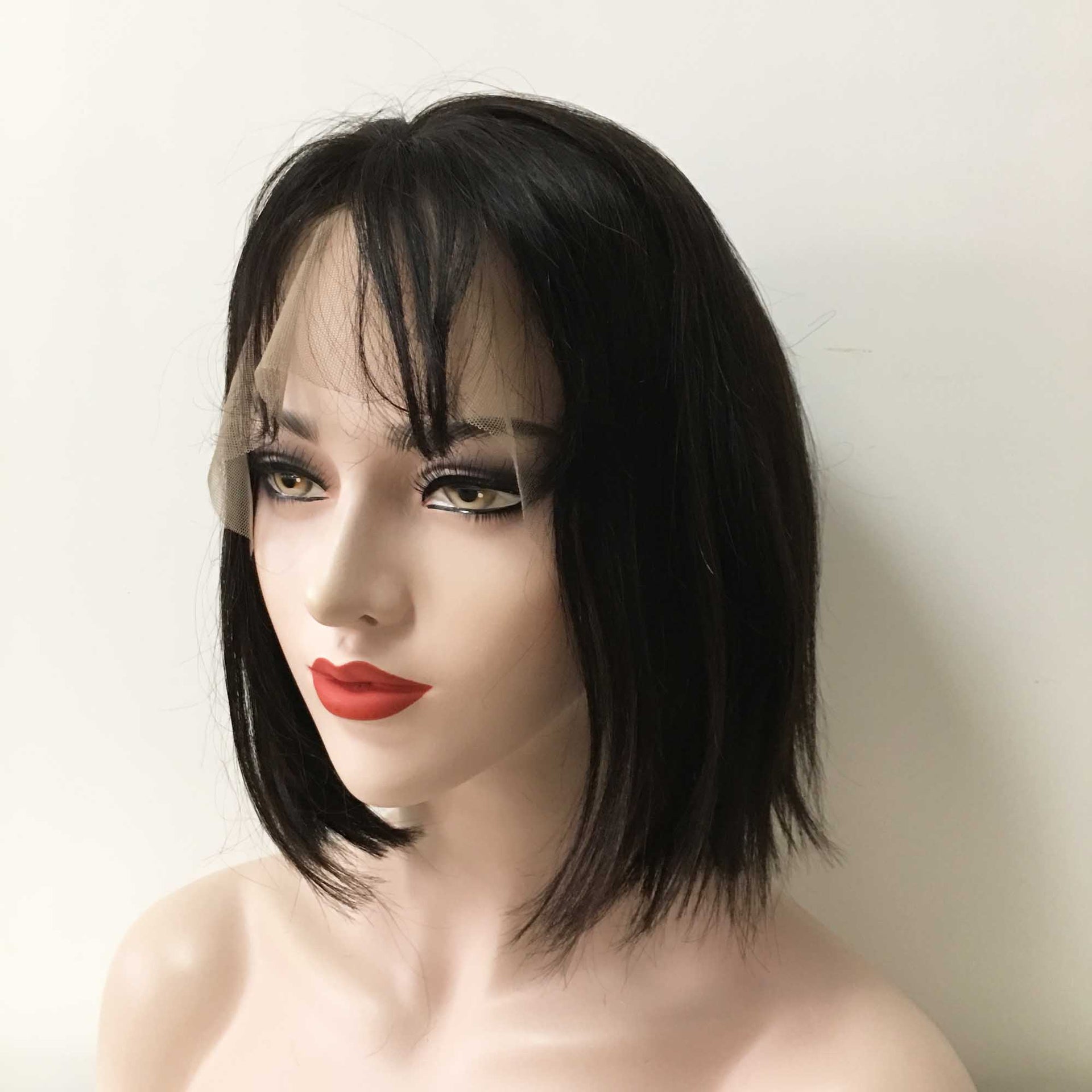 nevermindyrhead Women Black Human Hair Lace Front Short Straight Fringe Bangs Wig